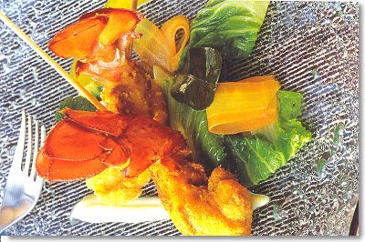 Breaded Lobster Tails on Skewers with Red Curry, Bok Choy, Lemongrass and Cilantro