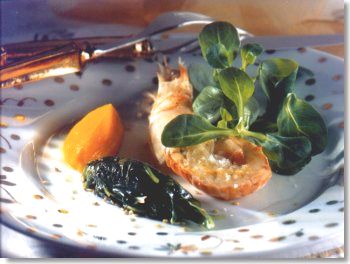Langoustine on a Bed of Mache and Candied Carrot Quenelle with Orange