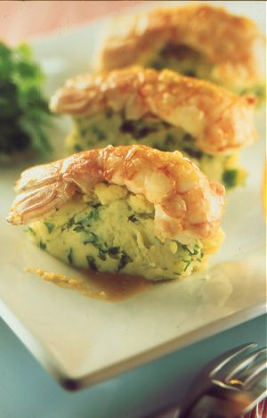 Roast Dublin Bay Prawns with Beer, Peanuts and Lemon Grass with Mashed Herb Potatoes