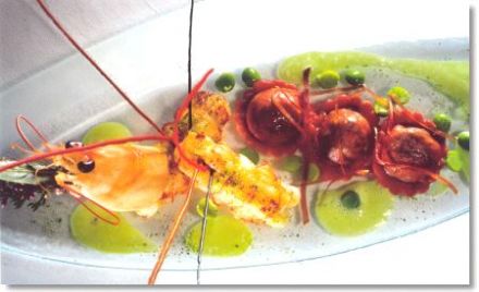 Sautéed Langoustine Tails with Peas and Dried Ham, with Claw Meat Tomato Ravioli