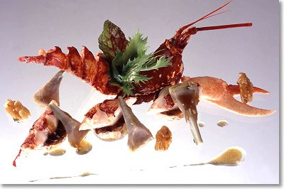 Mélange of Lobster and Artichokes with Fresh Walnuts and Foie Gras Caramelized in Quince Jelly