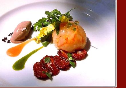 Raw Prawns with Dried Strawberries, Large Olives and Basil