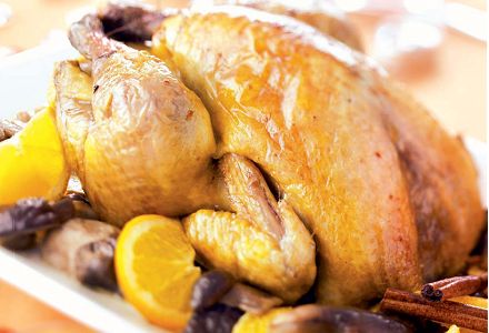 Roast Guinea Fowl Capon with Ceps and Orange