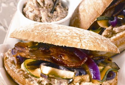 Pan Bagnat with Rillettes, Grilled Vegetables and Bacon