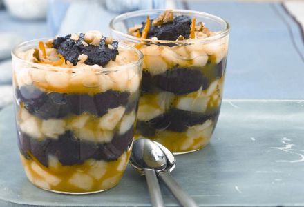 Boudin Noir "Parfaits" with Pears, Orange Flower Water and Walnuts