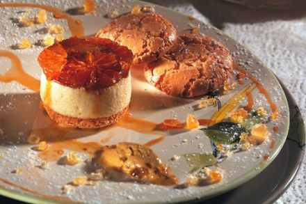 Orange Chiboust Cream with Macaroons, Pistachio Granita and Bergamot Candies