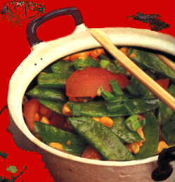Braised Snow Peas with Corn and Tomatoes (Tsie Txie hedoe)