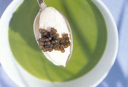 Chilled Purée of English Pea Soup with Crème Fraîche and Caviar