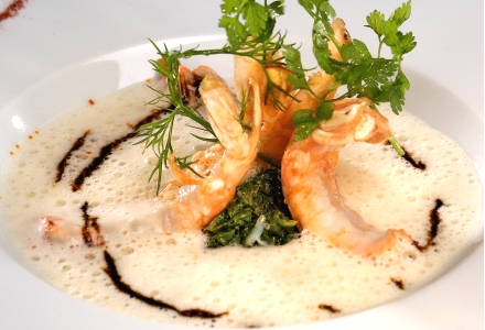 Cream of White Bean Soup with Roasted Langoustines