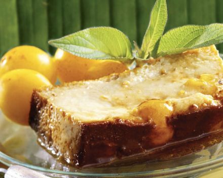 Creole Flan with Yellow Plums and Coconut