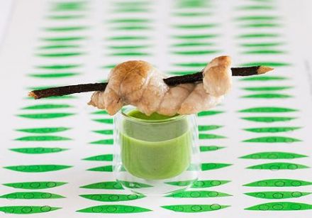 Sweetbreads on licorice skewers with green pea cream