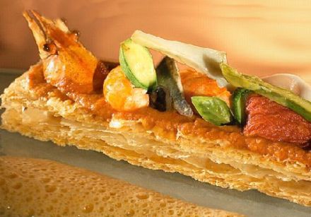 Crayfish Tail Puff Pastry Fingers with Red Pepper Mousse