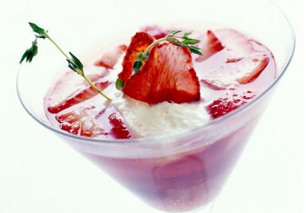 Thyme-infused strawberries, compote and cream foam