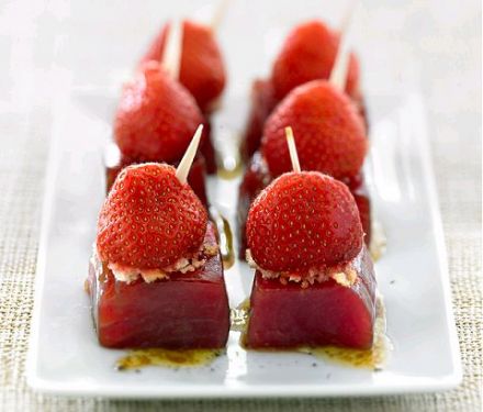 Olive-oil marinated tuna tapas with ginger and stuffed strawberries