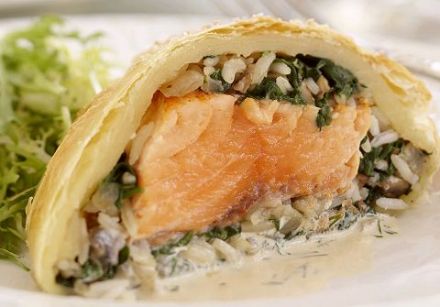 Salmon and Rice Stuffed Pastry with Dill Sauce 