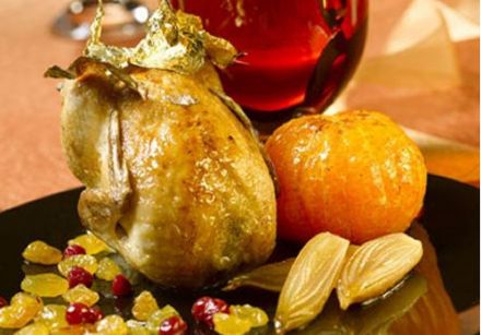 Roasted Quails Dressed in Gold with Caramelized Clementines