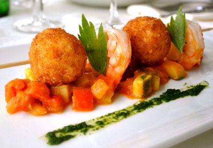 Grilled Shrimp with Crab Croquettes and Ratatouille