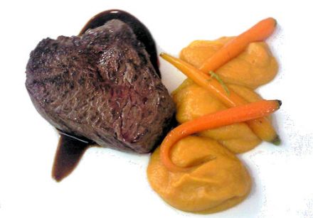 Beef with Huntsman Sauce, Mini Carrots and Sweet Potato-Celeriac Puree