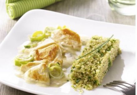 Chicken and leeks with mustard sauce and herbed quinoa