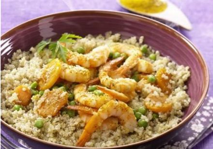 Quinoa with coconut and curried shrimp