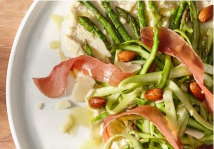 Aspargus – serrano salad with almond cream and maple-mustard vinaigrette 