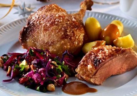 Danish roasted Christmas Duck stuffed with apples and prunes