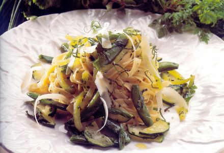 Four-Herb Fettuccine with Green Vegetables and Shaved Asiago