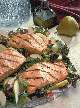 Grilled Salmon and Bartlett Pear Salad with Nuts