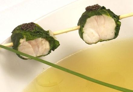 Skewers of Arugula-Wrapped Pangasius with Shrimp Broth