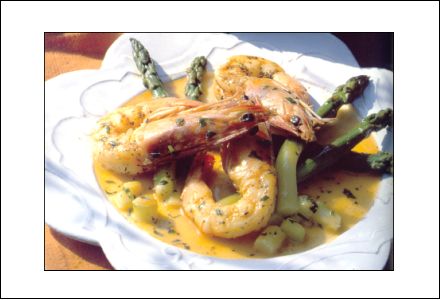 Pan-Roasted Gambas with Dried Herbs and Asparagus