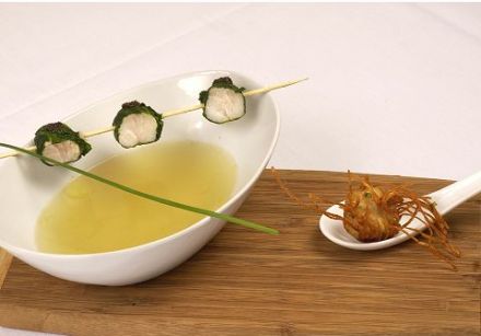 Skewers of Arugula-Wrapped Pangasius with Shrimp Broth 1