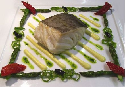 Slice of salt cod with seasonal vegetables, Gaeta olives and confit tomatoes 1